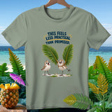 Green t-shirt with birds and text 