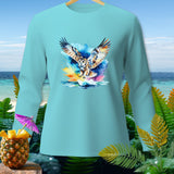 Light blue long-sleeve shirt with watercolor owl graphic above water.
