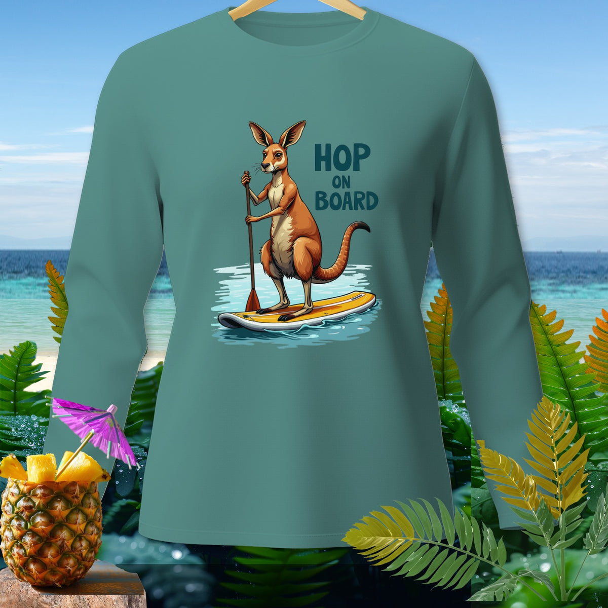 Kangaroo on a paddleboard with text "Hop On Board" on teal long-sleeve shirt.