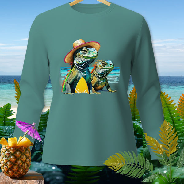 Long sleeve teal shirt with two iguanas, a surfboard, and a pineapple drink.