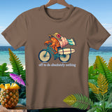 Hermit crab on bicycle with surfboard and text 
