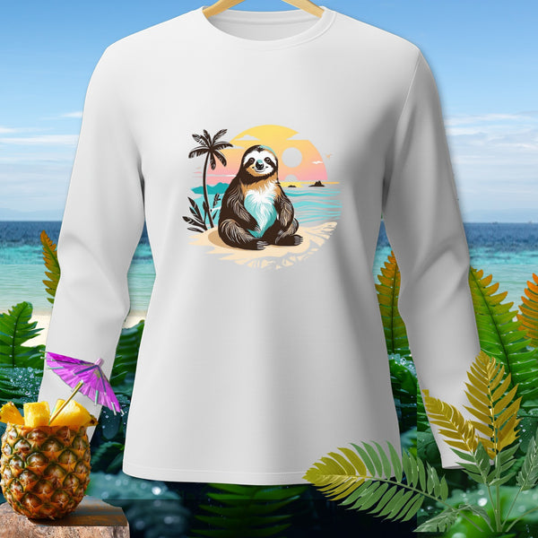 White long-sleeve shirt with a graphic of a sloth on a beach at sunset.