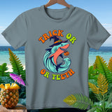 Shark wearing witch hat with pumpkin and text 