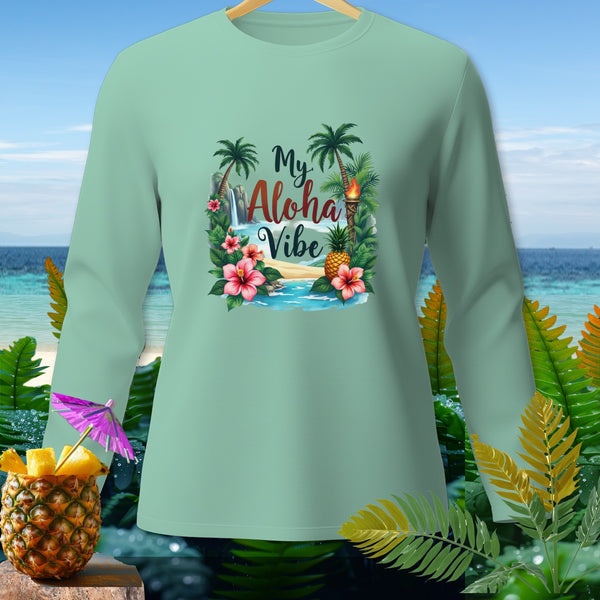 Light green long-sleeve shirt with "My Aloha Vibe" tropical graphic.