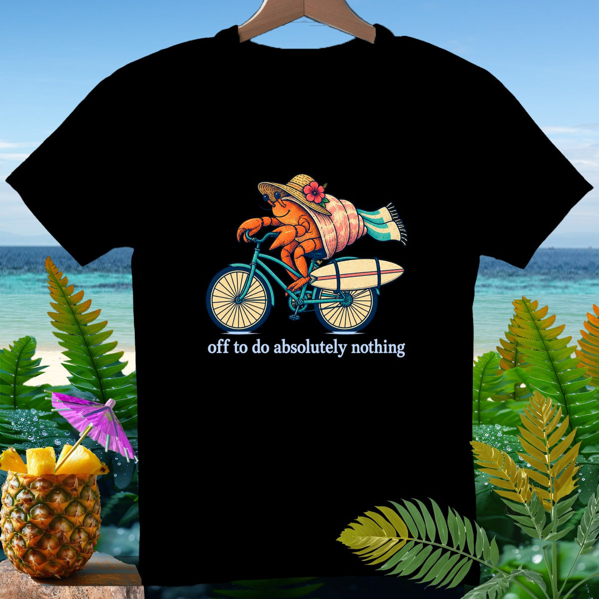 Hermit crab with surfboard on bike, wearing a straw hat, "off to do absolutely nothing".