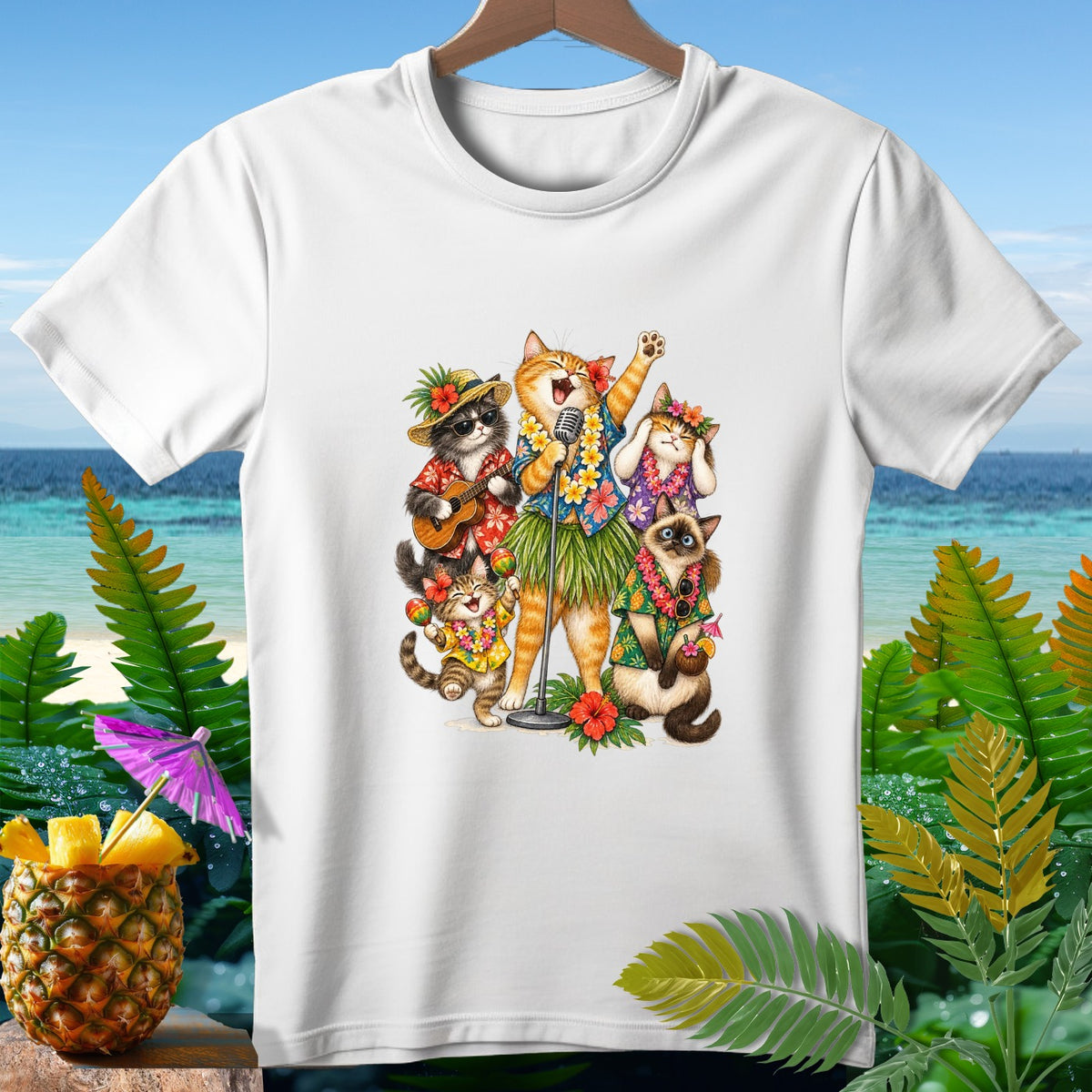 Cats in Hawaiian shirts and grass skirts sing and play instruments.