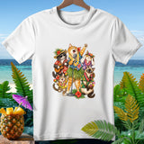 Cats in Hawaiian shirts and grass skirts sing and play instruments.