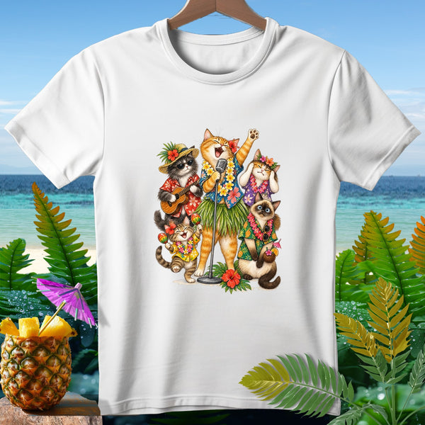 Cats in Hawaiian shirts and grass skirts sing and play instruments.