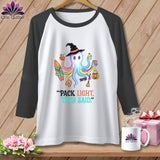 Colorful octopus in witch hat with surfboard, sunglasses, and beach items, saying 