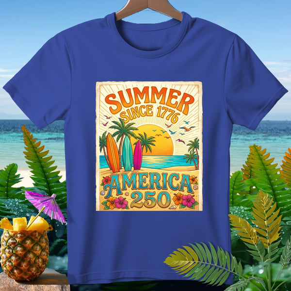 Blue t-shirt with "Summer Since 1776 America 250" beach graphic.