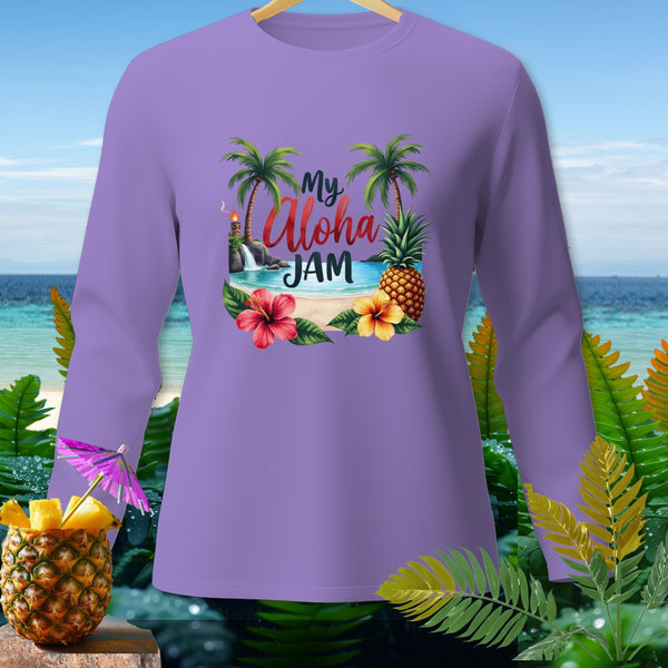 Purple long-sleeve shirt with "My Aloha JAM" beach scene graphic and pineapple.