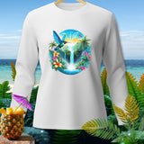 White long-sleeve shirt with a tropical waterfall and hummingbird graphic.