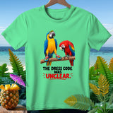 Two parrots on a branch with flip-flops, text reads 