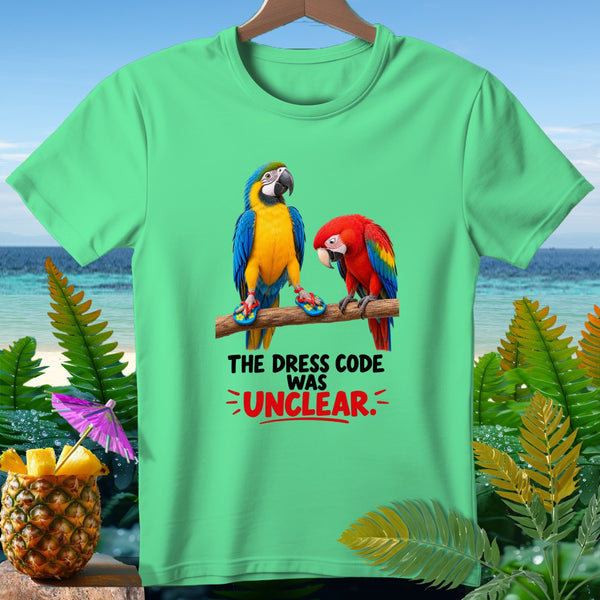 Two parrots on a branch with flip-flops, text reads "THE DRESS CODE WAS UNCLEAR."