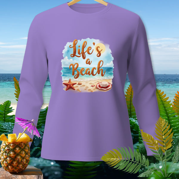 Purple long-sleeve shirt with "Life's a Beach" graphic and beach elements.