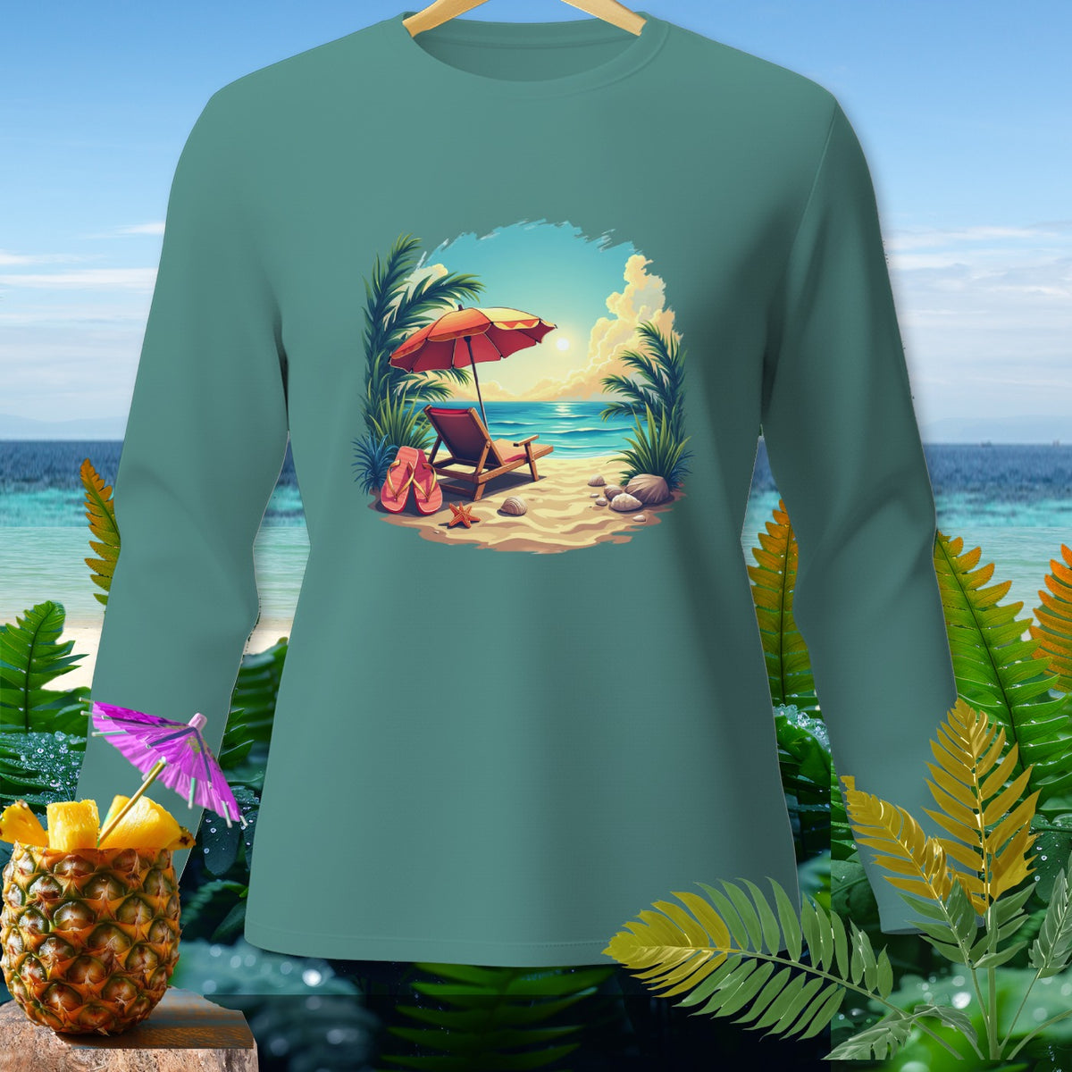 Teal long-sleeve shirt with a beach scene graphic: lounge chair, umbrella, flip-flops, and ocean view.