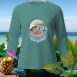 Sloth in sombrero floats on flamingo, with text 