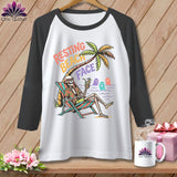 Skeleton relaxing on a beach chair under a palm tree, 