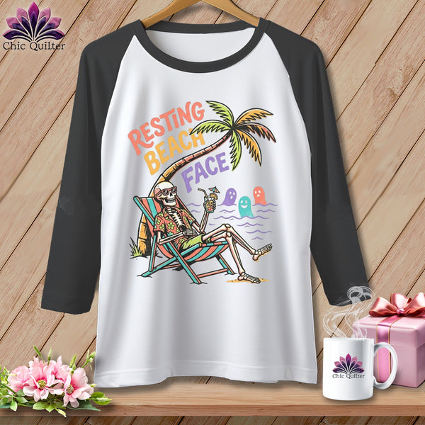 Skeleton relaxing on a beach chair under a palm tree, "Resting Beach Face" text.