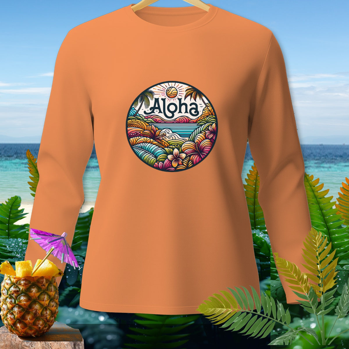 Orange long-sleeve shirt with a circular Hawaiian-themed graphic reading "Aloha".
