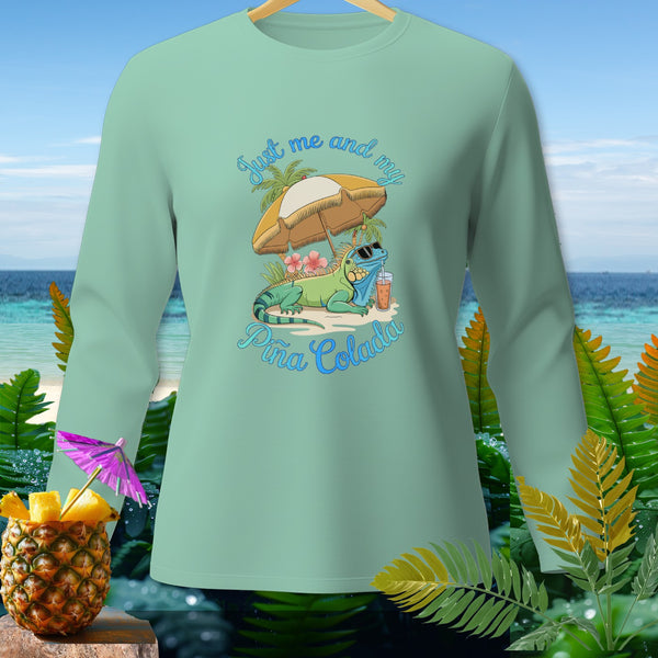 Mint green long-sleeve shirt with iguana, umbrella, and "Piña Colada" text.
