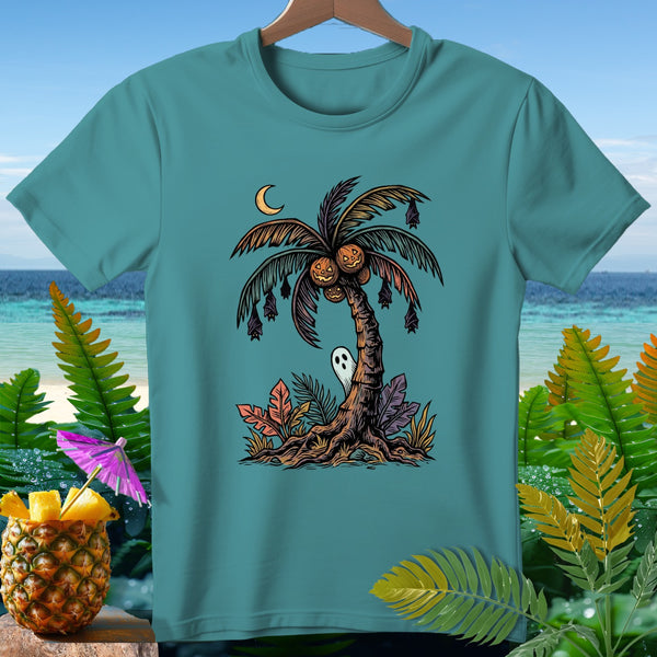 Teal t-shirt with Halloween-themed palm tree illustration and tropical beach background.