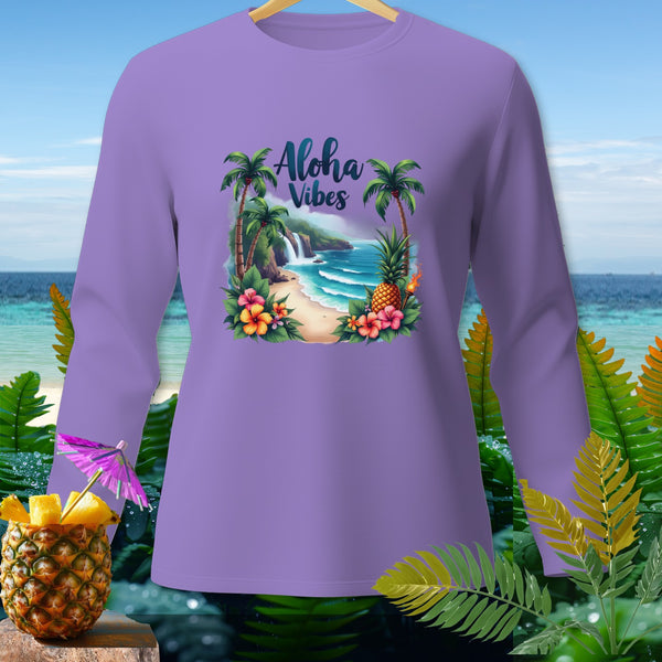 Purple long-sleeve shirt with "Aloha Vibes" tropical beach graphic.