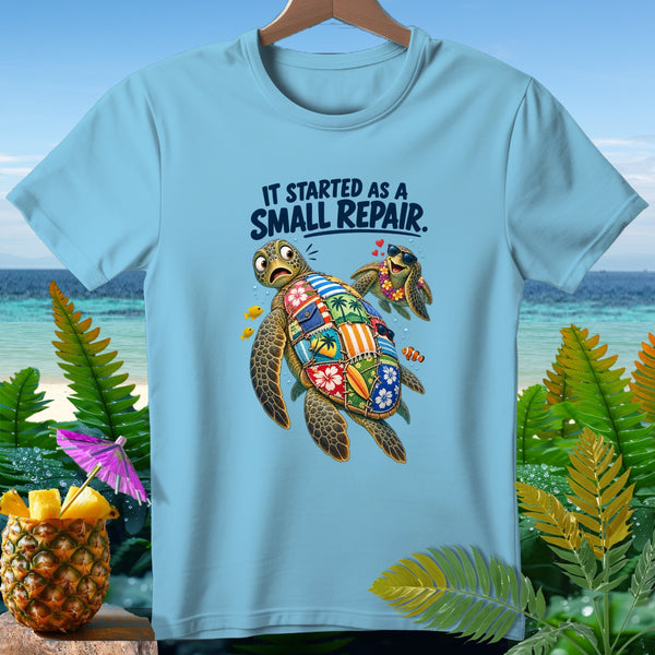 T-shirt with cartoon turtles and text "IT STARTED AS A SMALL REPAIR."