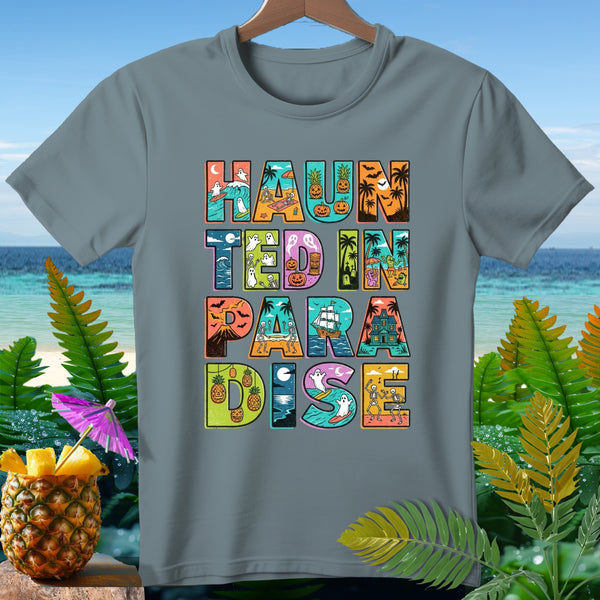 T-shirt with "Haunted in Paradise" text featuring Halloween and beach scenes.
