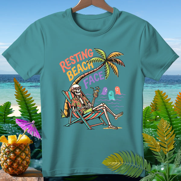 Skeleton relaxing on a beach chair with "Resting Beach Face" text and ghosts.