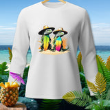 White long sleeve shirt with two cartoon iguanas in hats holding surfboards.