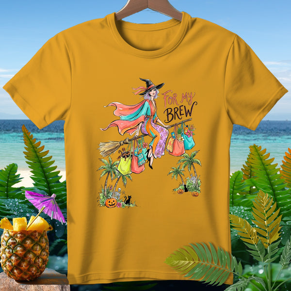 Witch on broomstick with shopping bags, text "For My Brew".