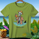 Skeleton in Hawaiian shirt and straw hat drinks from coconut, with shark fin.