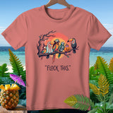 Parrots dressed for Halloween sit on a branch, with the text 