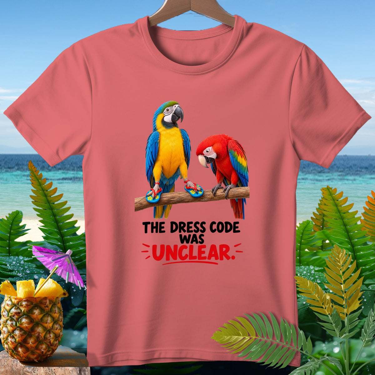 Two parrots wear flip-flops, with text "THE DRESS CODE WAS UNCLEAR."