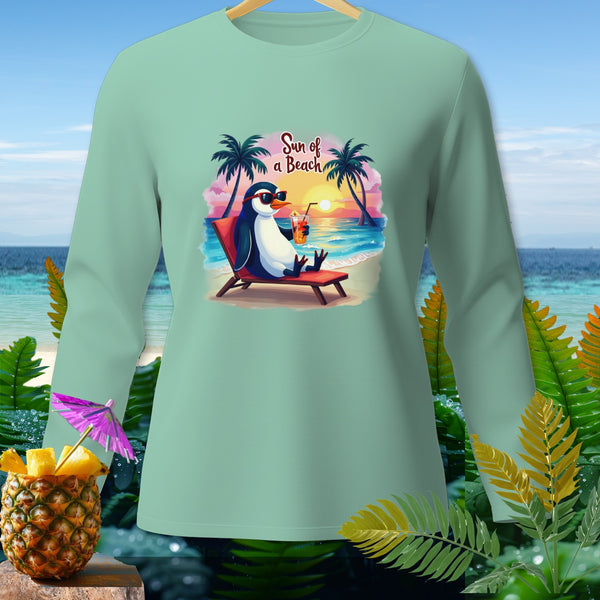 Mint green long-sleeve shirt with a penguin on a beach chair and the text "Sun of a Beach."