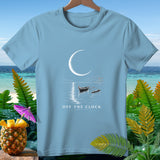 Light blue t-shirt with a crescent moon, boat, and text 