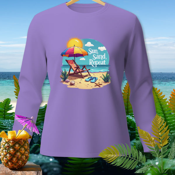Purple long-sleeve shirt with a beach graphic and text "Sun, Sand, Repeat".