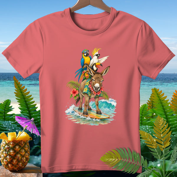 Donkey surfing with parrots and toucan, wearing a lei and tropical background.