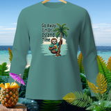 Teal long sleeve shirt with a sloth holding a drink under a palm tree graphic and text.