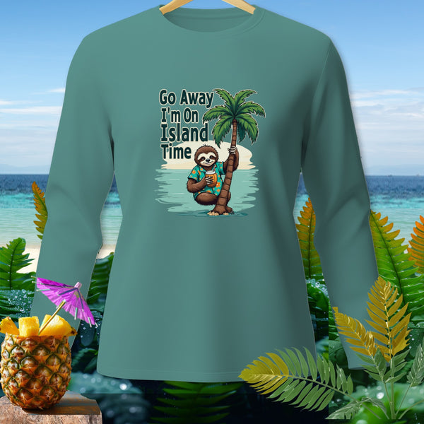 Teal long sleeve shirt with a sloth holding a drink under a palm tree graphic and text.
