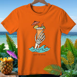Orange t-shirt with skeleton hand holding a tropical drink with text 