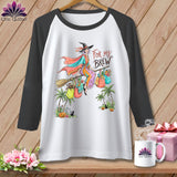 Witch on broom flying with shopping bags, text 