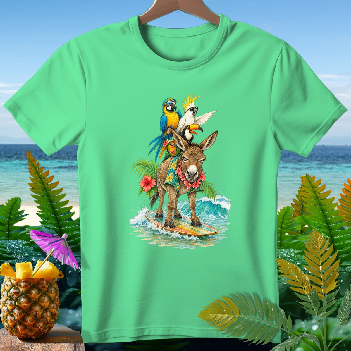 Donkey surfing on a surfboard with parrots and a toucan, wearing a floral shirt.