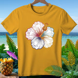 Yellow t-shirt with hibiscus flower design featuring ghosts and a jack-o'-lantern.