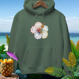 Olive green hoodie with a hibiscus flower graphic featuring ghosts and a jack-o'-lantern.