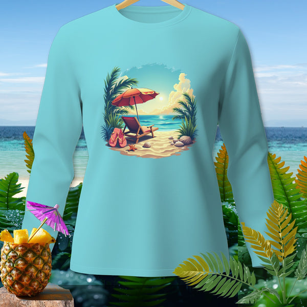 Long-sleeve shirt with a beach scene featuring a lounge chair, umbrella, and ocean.