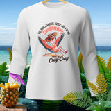 White long-sleeve shirt with a flamingo sunbathing and text 