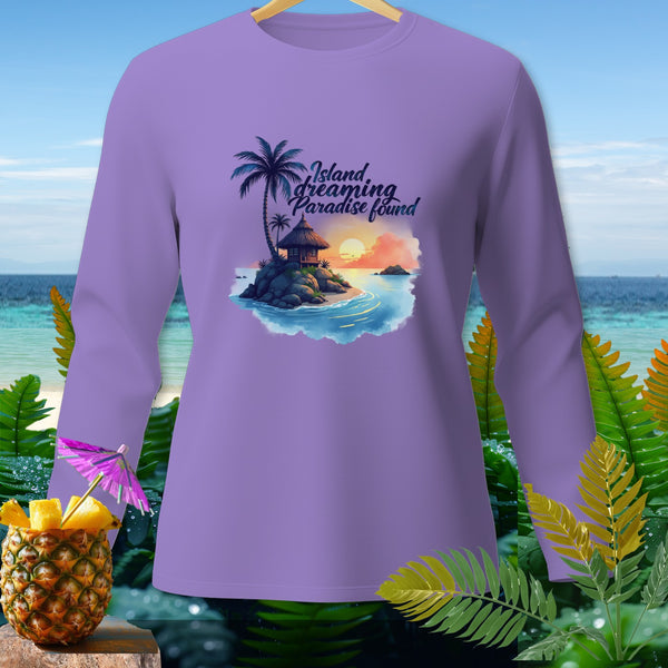 Lavender long-sleeve shirt with "Island dreaming Paradise found" graphic.