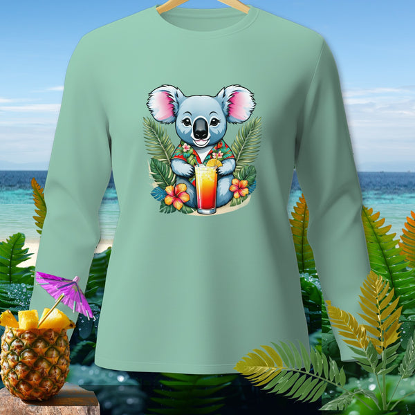 Mint green long sleeve shirt with a cartoon koala holding a tropical drink.